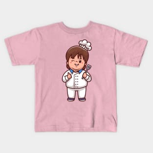 Cute Kid Chef Holding Spatula Cartoon Kids T-Shirt